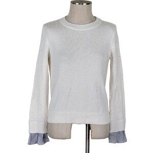 Loft Crew Neck Sweater Size S Pullover Contrast Striped Cuff Lightweight White